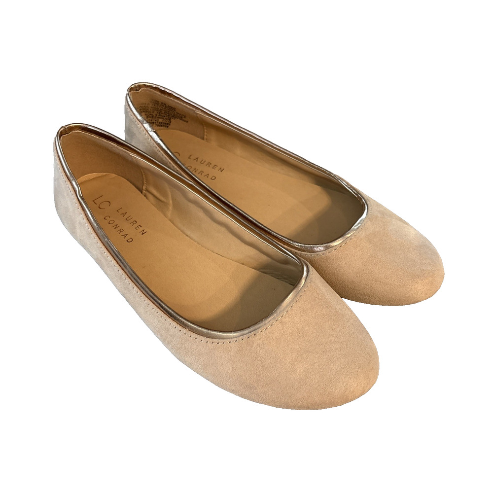 Lauren Conrad LC Flats Women’s Sheen Nude Tan Gold Trim Beige Faux Suede,Sz 6.5M
